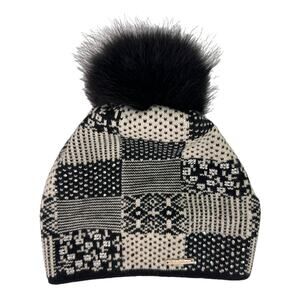Conte of Florence Black White Patchwork Fur Puff Ball Wool Winter Beanie Hat